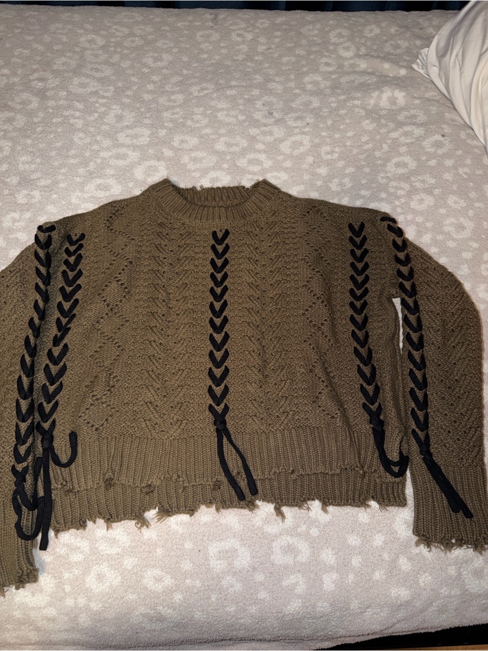 EARTHBOUND Olive Crewneck Sweater with Black Braided Trim